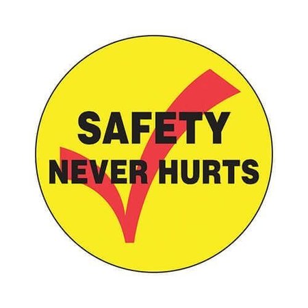 ACCUFORM Hard Hat Sticker, 214 in Length, 214 in Width, SAFETY NEVER HURTS Legend, Adhesive Vinyl LHTL179
